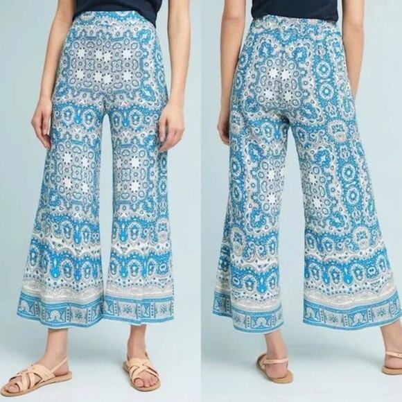 Anthropologie Feather Bone Talese Wide Leg Pants Blue Motif Size US 4 - Picture 1 of 9